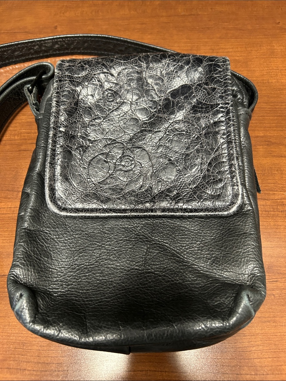 Stickman Hand Crafted Black Leather Crossbody Bag Purse with Tooled Floral Flap